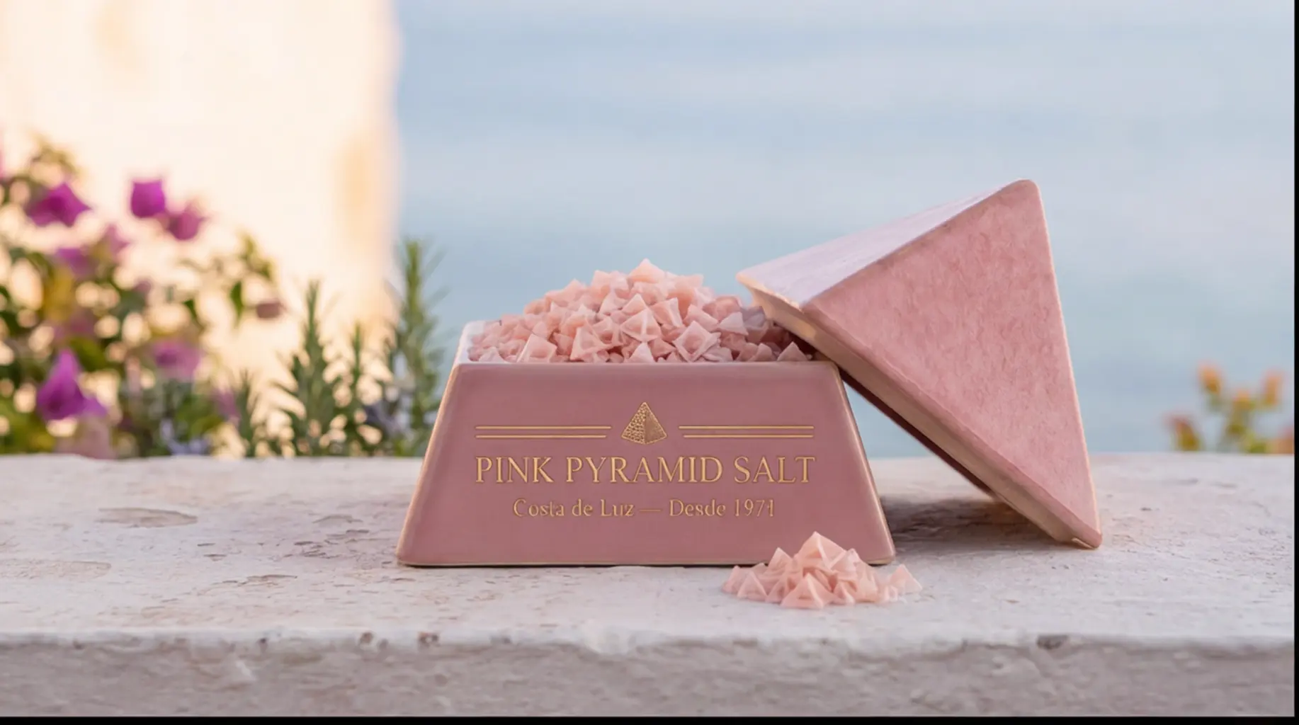 Pink Pyramid Salt im Abendlicht vor Bougainvillea und Meer