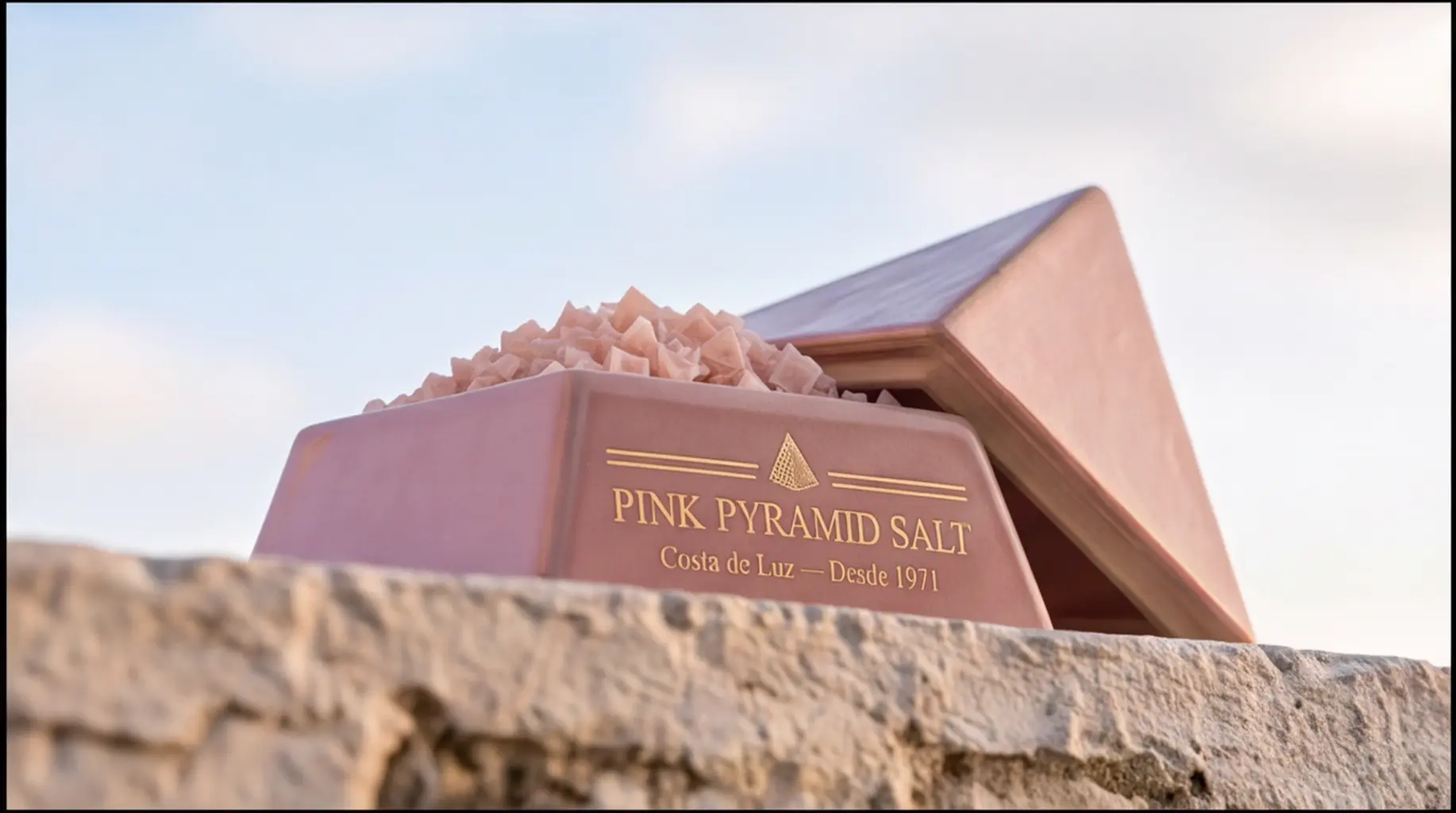 Keramikgefäß mit Pink Pyramid Salt auf einer Steinmauer vor dem Atlantik