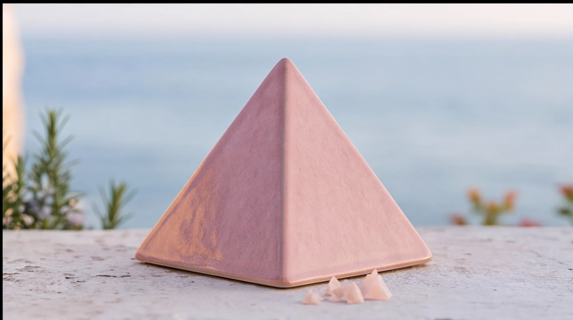 Rosa glasiertes Keramikgefäß in Pyramidenform vor dem Meer, daneben einzelne Salzkristalle
